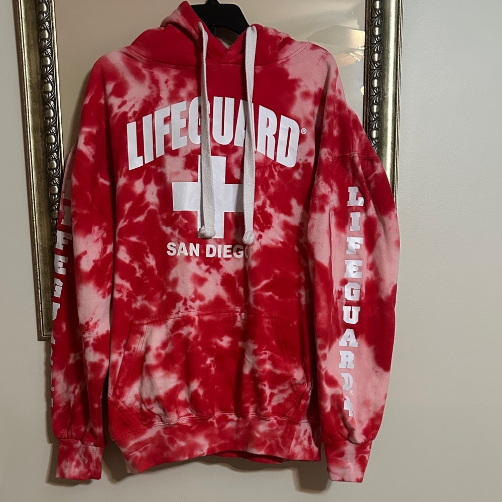 Beach Lifeguard San Diego Red & White Tie Dye Hoodie Large